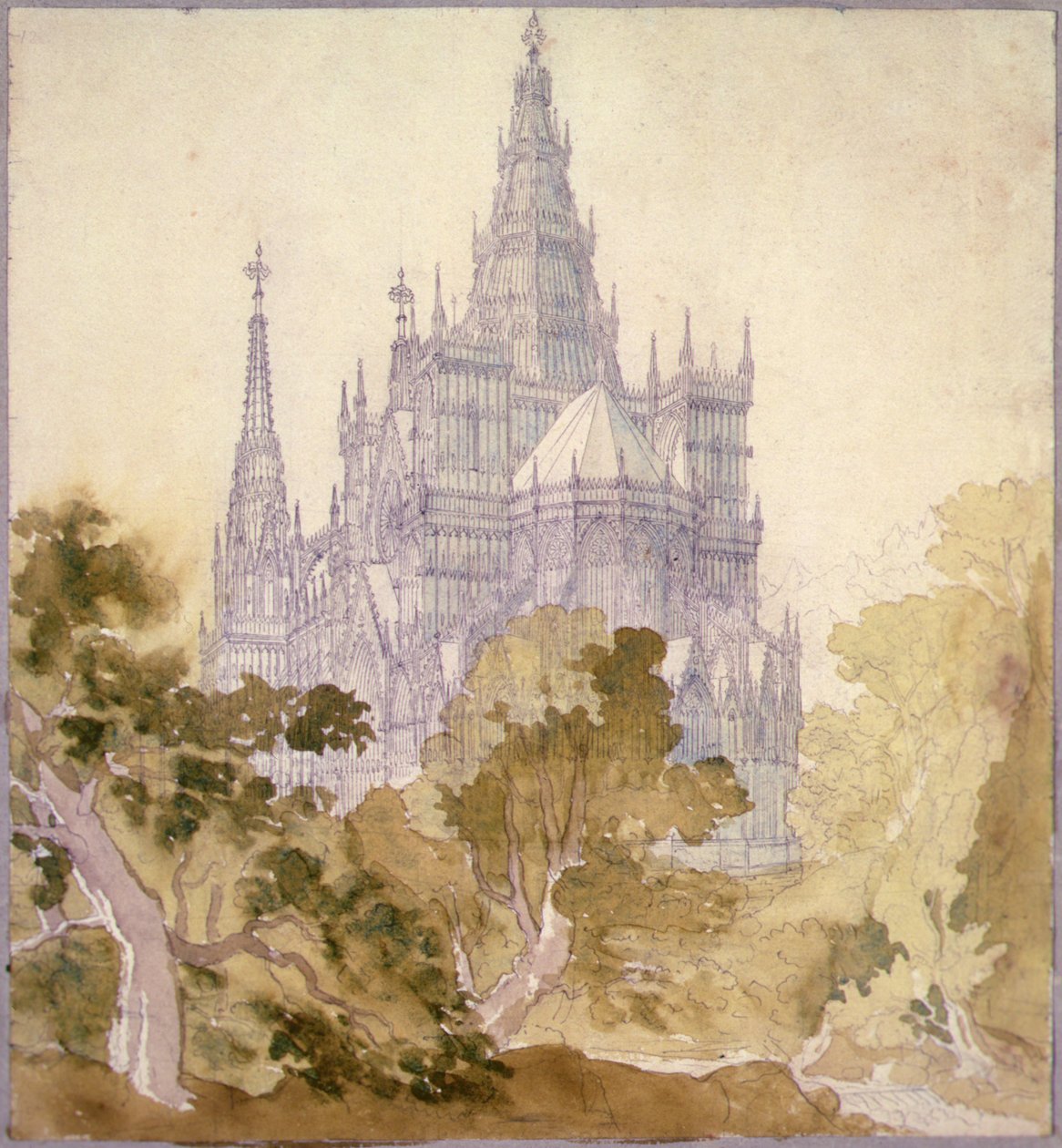 Et skogkledd landskap med en gotisk kirke (blyant, blekk og akvarell) av Karl Friedrich Schinkel