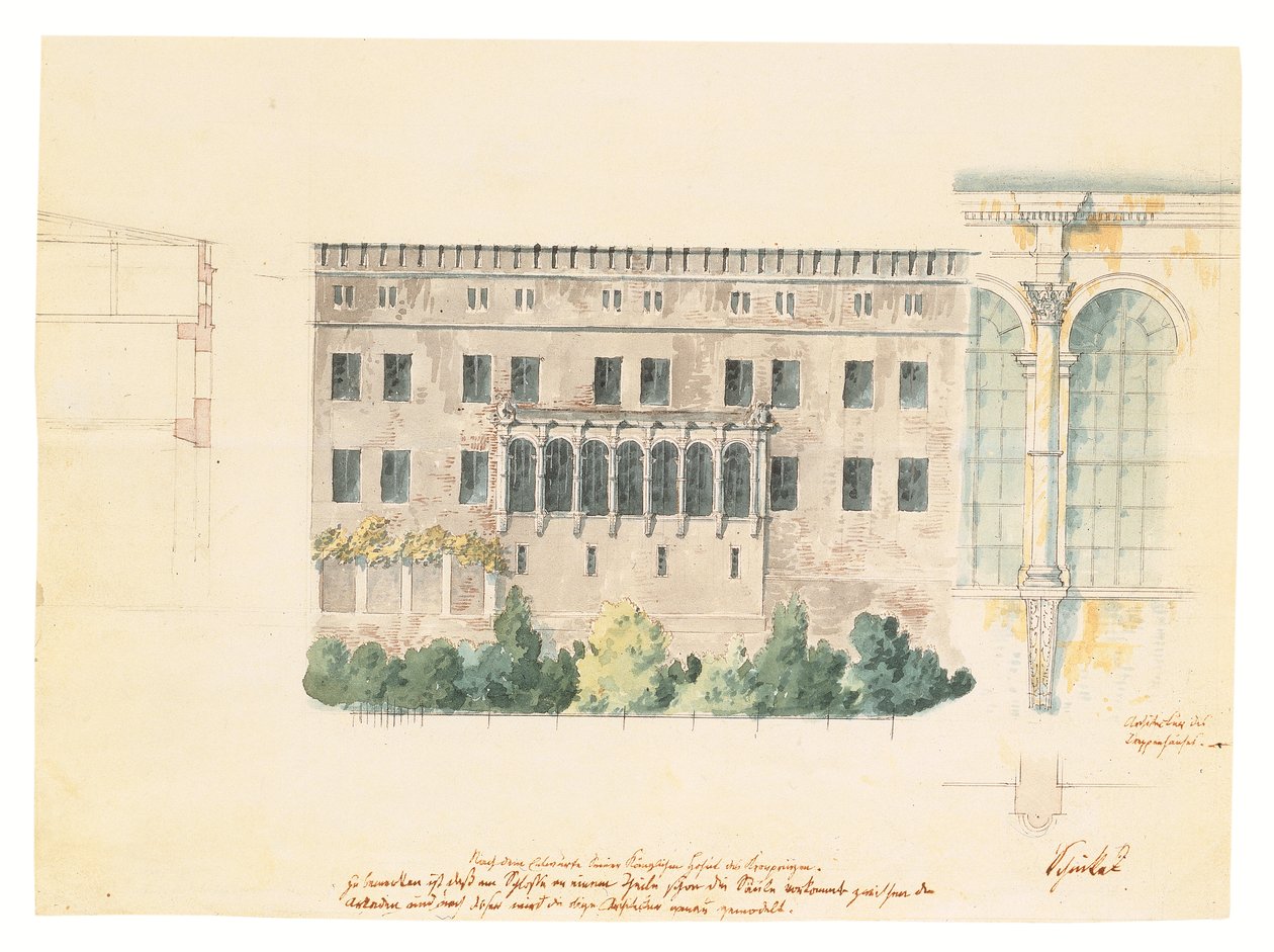 Et design for et nytt trapperom for nordfasaden til Schloss ved Stettin, med en understudie av loggiaen, et tverrsnitt av fasaden og en engasjert pilaster, ca. 1840 (blyant, penn og blekk og av Karl Friedrich Schinkel