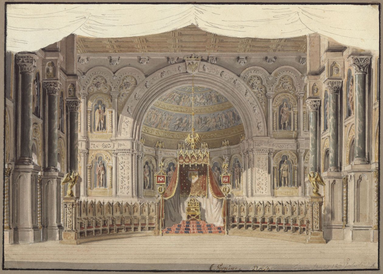 Agnes von Hohenstaufen. Opera av Gaspare Spontini. Utkast til 1. dekorasjon. Keisersalen av Karl Friedrich Schinkel