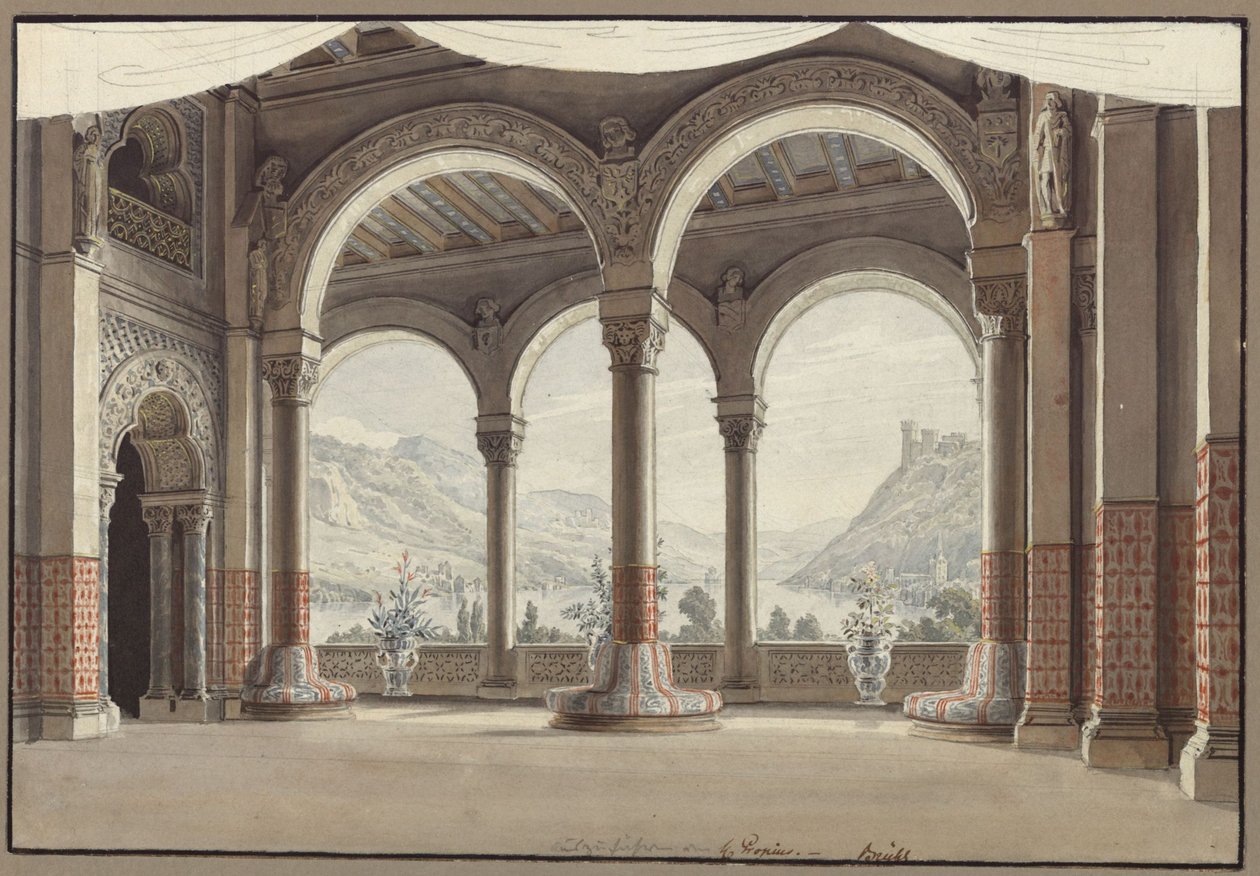 Agnes von Hohenstaufen. Opera av Gaspare Spontini. Utkast til 2. dekorasjon. Åpen hall av Karl Friedrich Schinkel