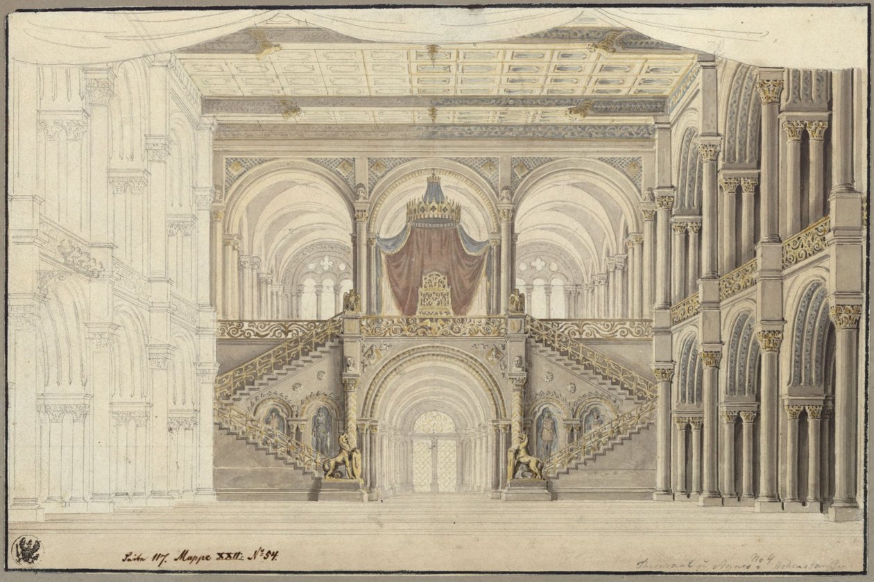 Agnes von Hohenstaufen. Opera av Gaspare Spontini. Utkast til den 3. dekorasjonen. Tronsal av Karl Friedrich Schinkel