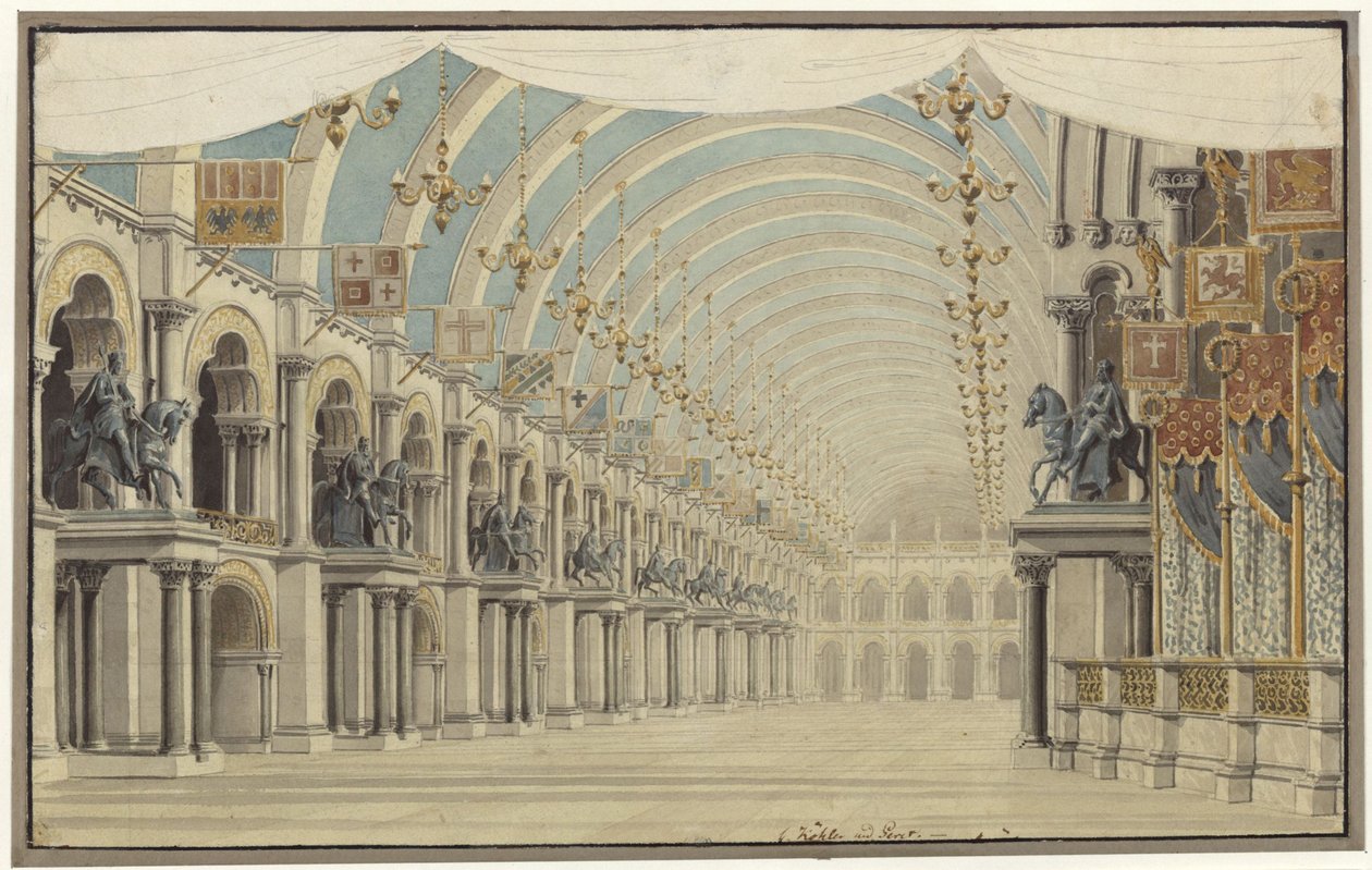 Agnes von Hohenstaufen. Opera av Gaspare Spontini. Utkast til den 7. dekorasjonen. Fest- og ballsal av Karl Friedrich Schinkel