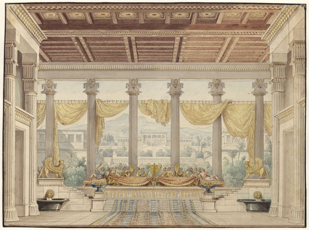 Alexander og Darius. Sørgespill av Friedrich von Uechtritz. Utkast til den 4. dekorasjonen. Åpen hall av Karl Friedrich Schinkel