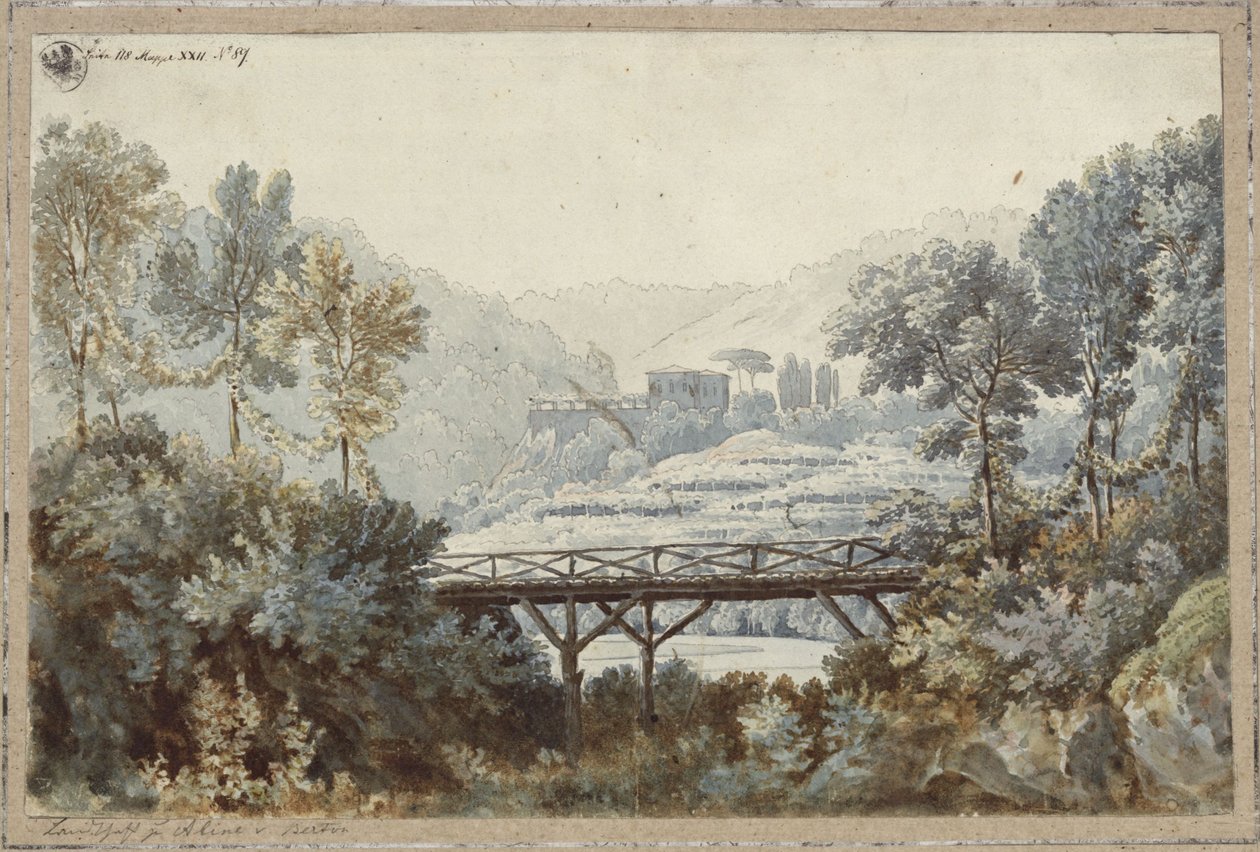 Aline, dronning av Golkonda. Opera av Henri-Montan Berton. Utkast til 2. dekorasjon. Landskap med elv og bro av Karl Friedrich Schinkel