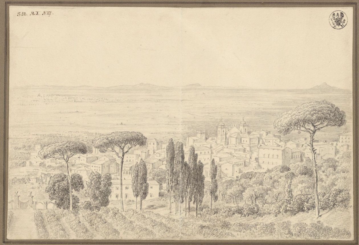 Utsikt over et sted, trolig i utkanten av Roma av Karl Friedrich Schinkel