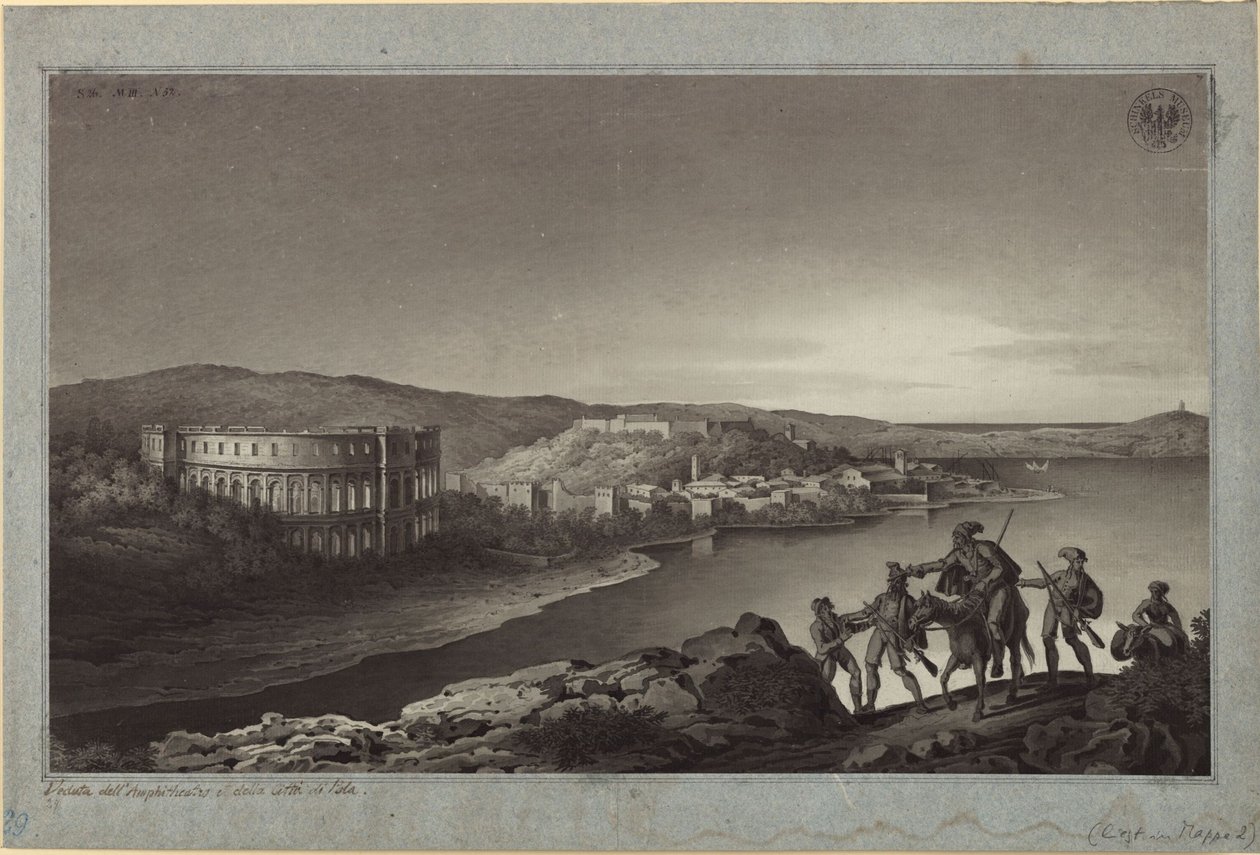 Utsikt over amfiteateret og byen Pola i Istria av Karl Friedrich Schinkel