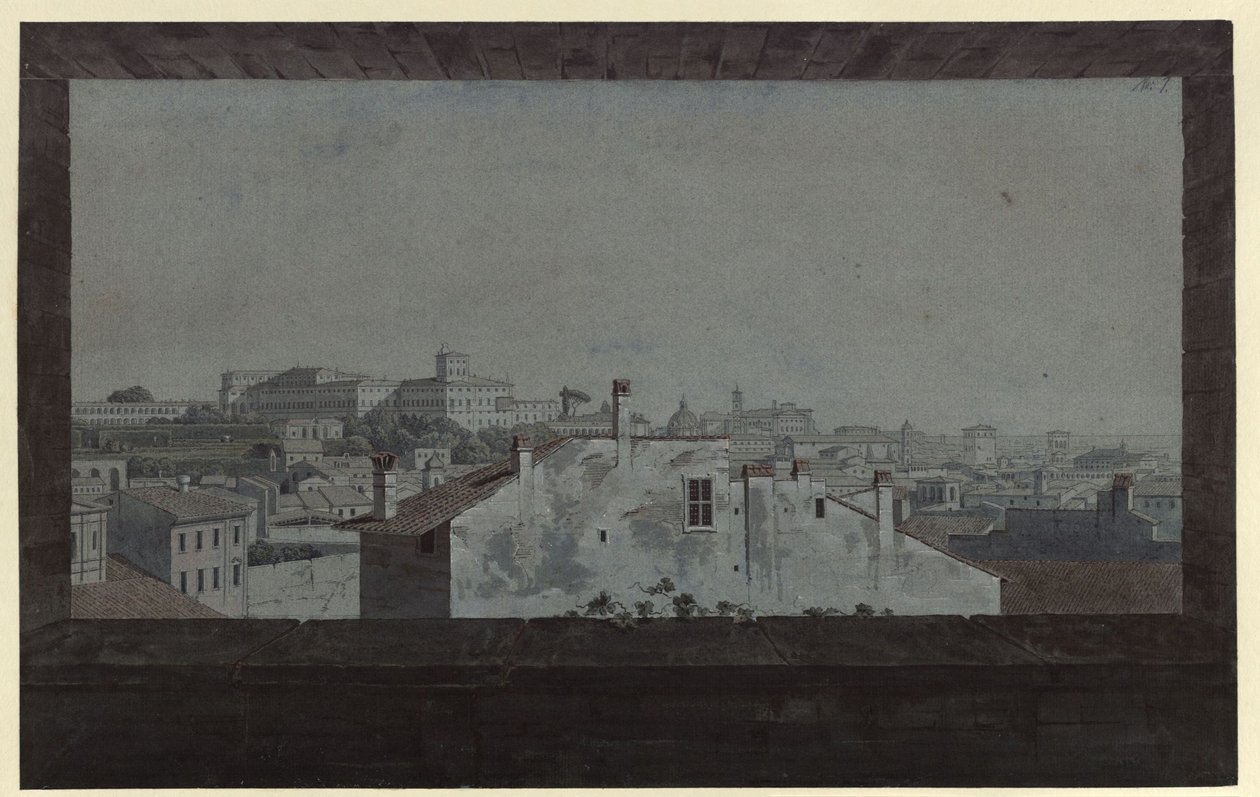 «Utsikt over Quirinalpalasset og en del av Roma, tegnet fra vinduet i en venns bolig» av Karl Friedrich Schinkel