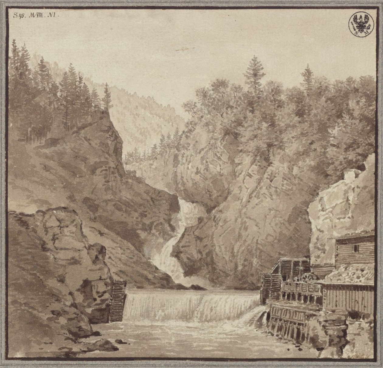 Utsikt over fossen nær Lend i Salzburg-området av Karl Friedrich Schinkel