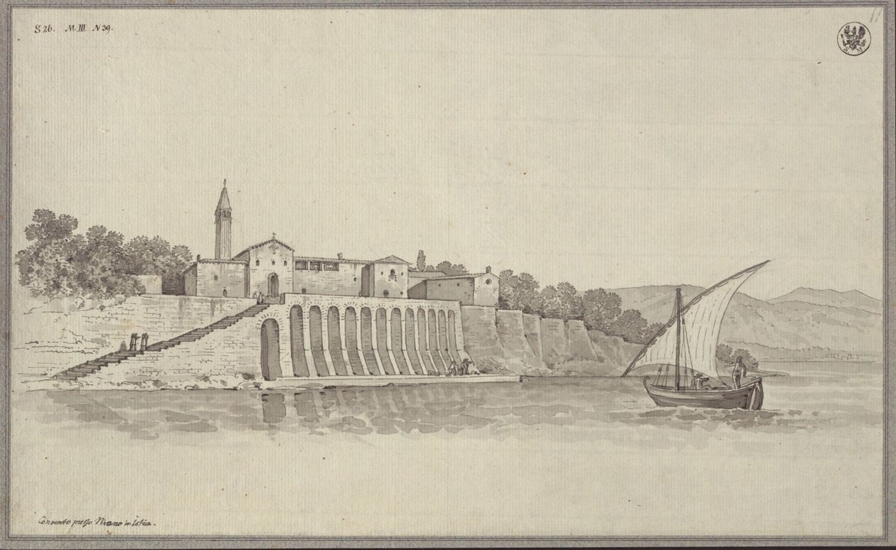 Utsikt over det tidligere fransiskanerklosteret St. Bernardin mellom Portorož og Piran i Istria, Slovenia av Karl Friedrich Schinkel