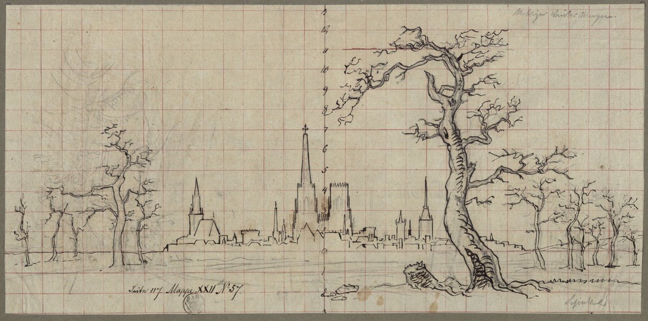Utsikt over en by med en høyt ruvende katedral i et vinterlandskap av Karl Friedrich Schinkel
