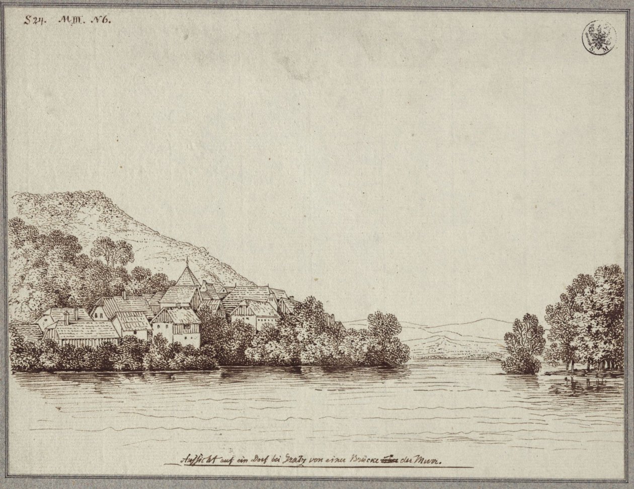 Utsikt over en landsby nær Graz fra en bro over Mur av Karl Friedrich Schinkel