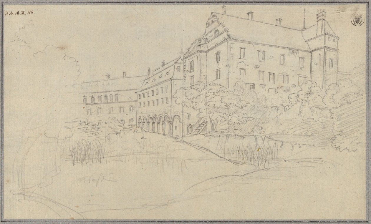 Utsikt over et slott med renessansegavler i Schlesien eller Böhmen av Karl Friedrich Schinkel