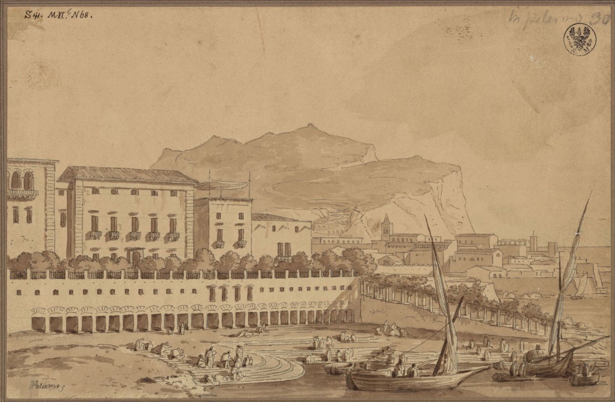 «Utsikt fra balkongen i boligen min i Palermo, den lille byhavnen, med Monte Pellegrino i det fjerne» av Karl Friedrich Schinkel