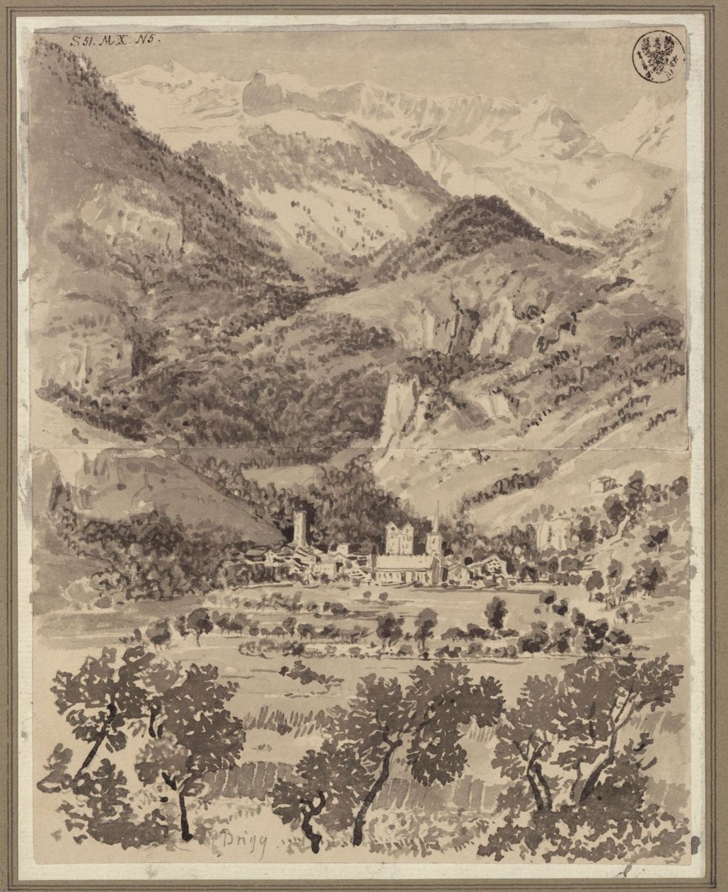 Utsikt over Brig med omgivelser i den sveitsiske kantonen Valais av Karl Friedrich Schinkel