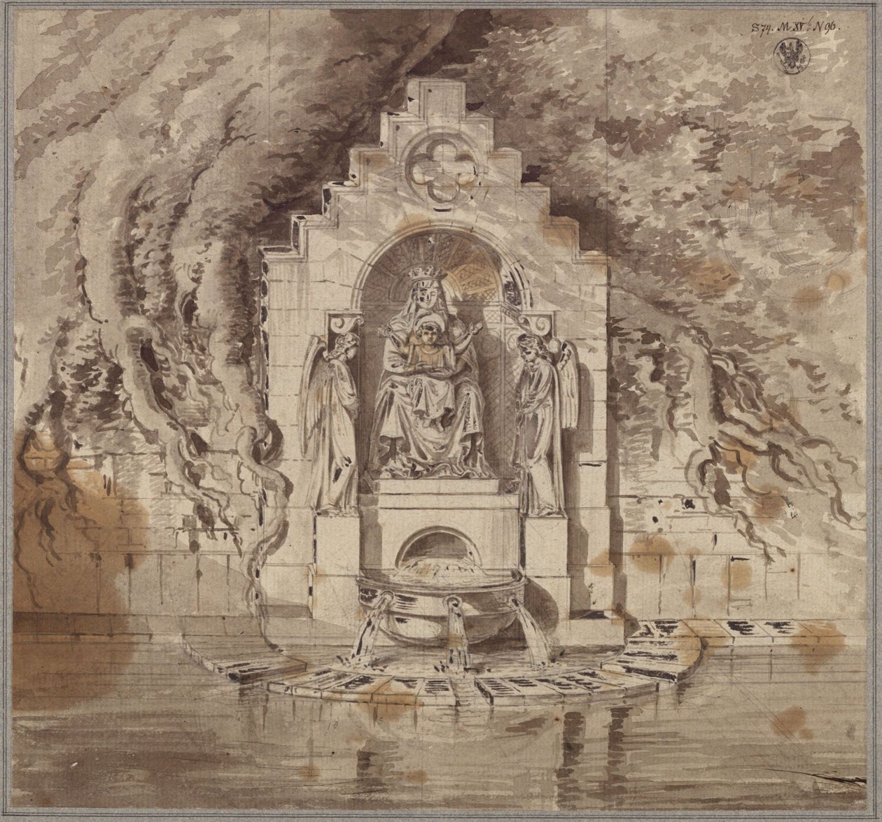 Arkitektonisk utforming av en kilde med en Madonnastatue og to engelstatuer av Karl Friedrich Schinkel