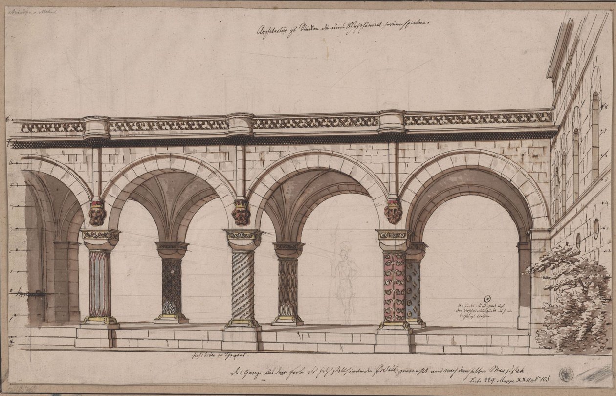 Ariodant. Opera av Étienne Nicolas Méhul. Utforming til 1. dekorasjon. Arkadegang / Et galleri av Karl Friedrich Schinkel