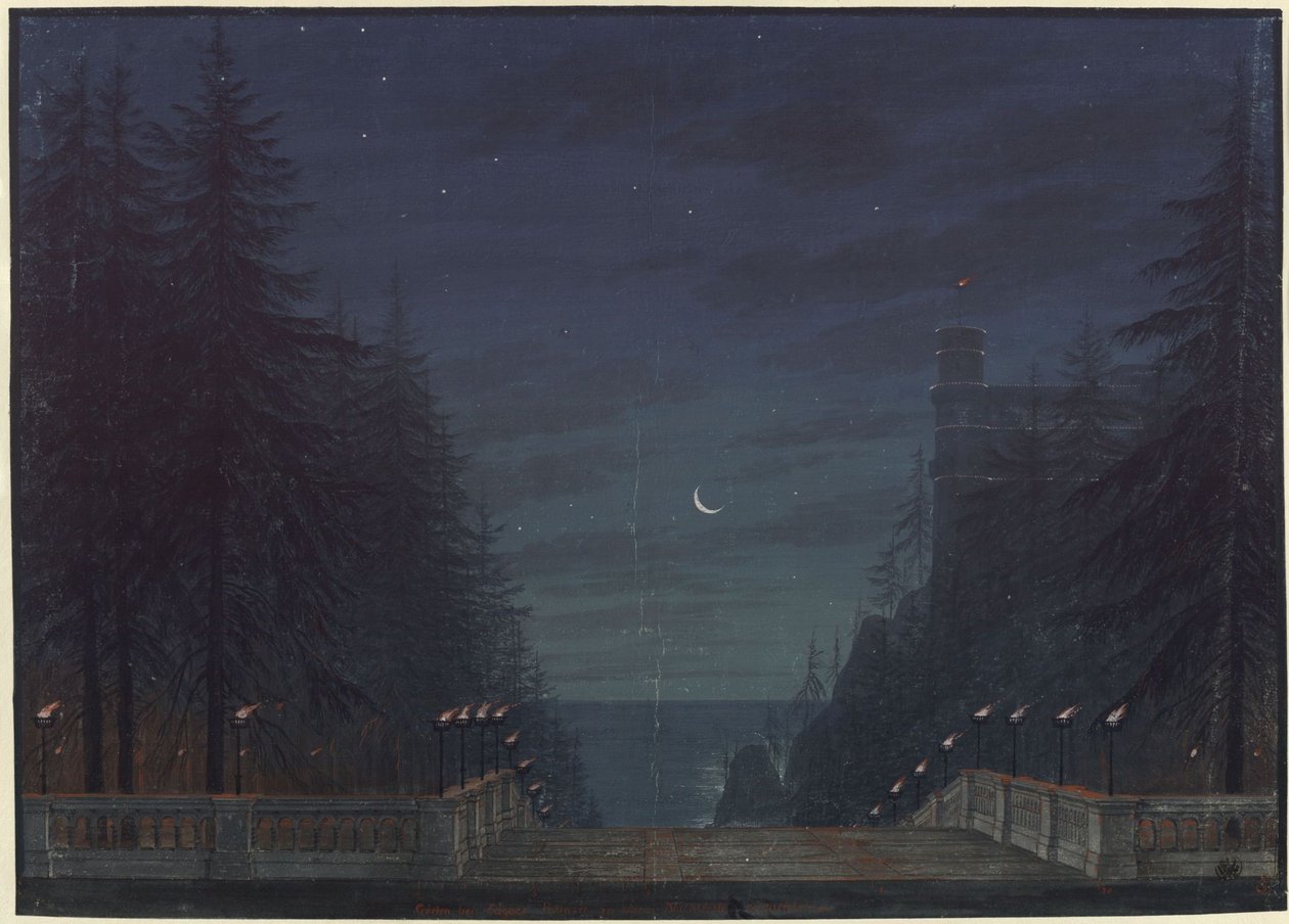 Ariodan. Opera av Étienne Nicolas Méhul. Utkast til den 2. dekorasjonen. Hage ved Edgars palass av Karl Friedrich Schinkel