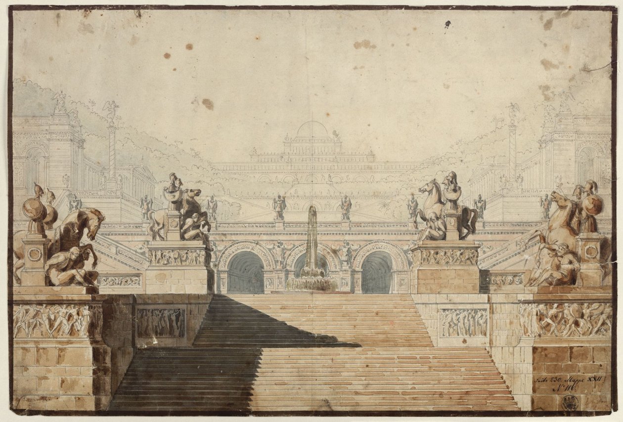Armida. Opera av Christoph Willibald Gluck. Utkast til 1. dekorasjon. Slott med trappeanlegg av Karl Friedrich Schinkel