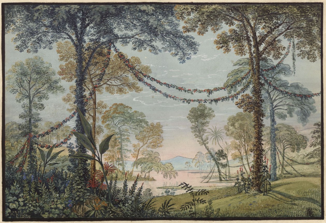 Armida. Opera av Christoph Willibald Gluck. Utkast til 3. dekorasjon. Lund pyntet med girlandere ved en innsjøbredde av Karl Friedrich Schinkel