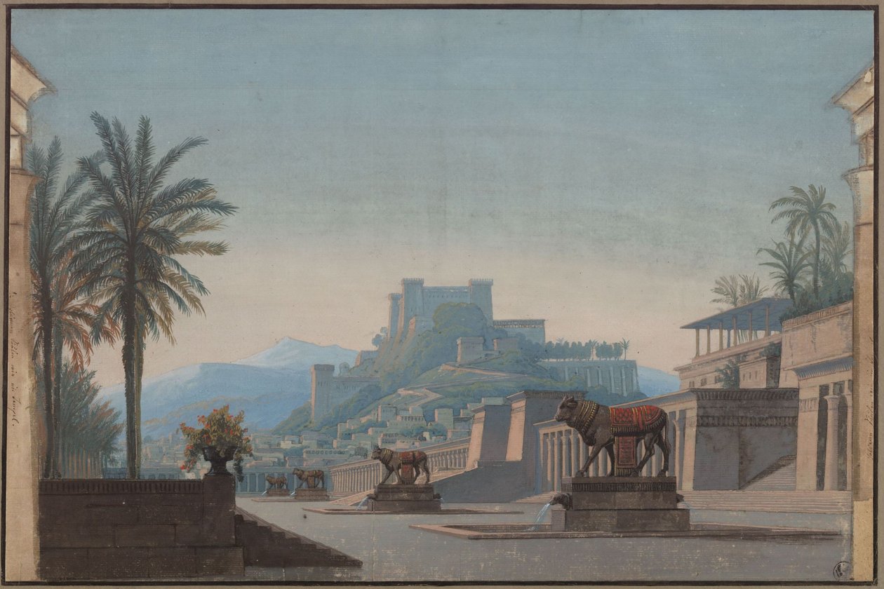 Athalia. Opera av Johann Nepomuk von Poissl. Utkast til 1. dekorasjon. Utsikt over Jerusalem og Sions borg av Karl Friedrich Schinkel