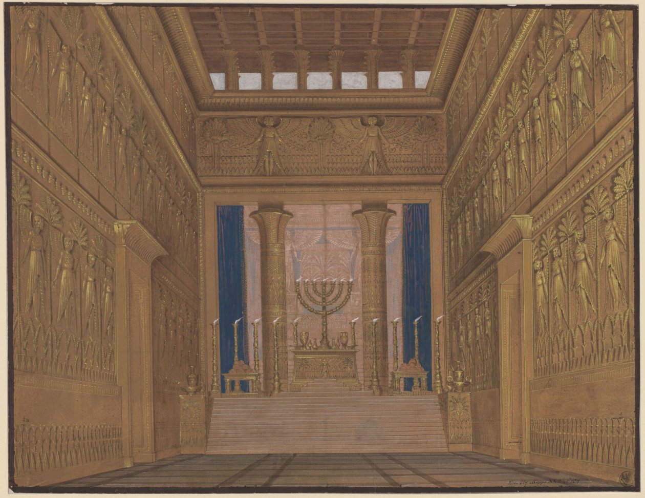 Athalia. Opera av Johann Nepomuk von Poissl. Utkast til 2. dekorasjon. Interiør av tempelet i Jerusalem av Karl Friedrich Schinkel