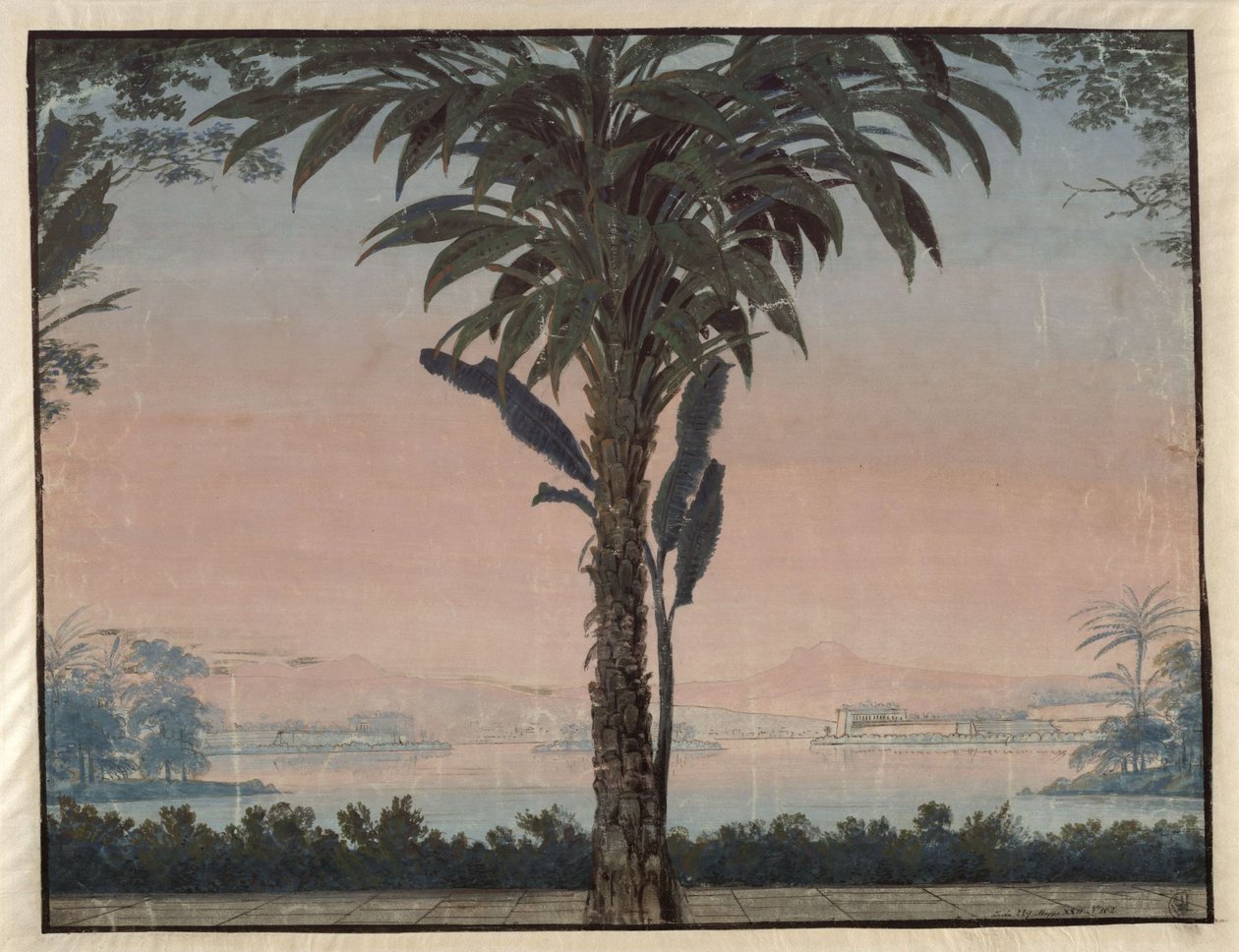 Athalia. Opera av Johann Nepomuk von Poissl. Utkast til den 4. dekorasjonen. Yppersteprestens hage med en stor palme foran en vannflate av Karl Friedrich Schinkel
