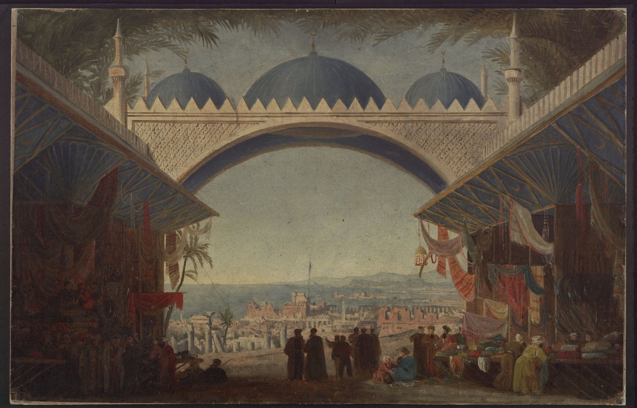 Aucassin og Nicolette. Opera av Georg Abraham Schneider. Utkast til den 5. dekorasjonen. Basar i Tunis av Karl Friedrich Schinkel