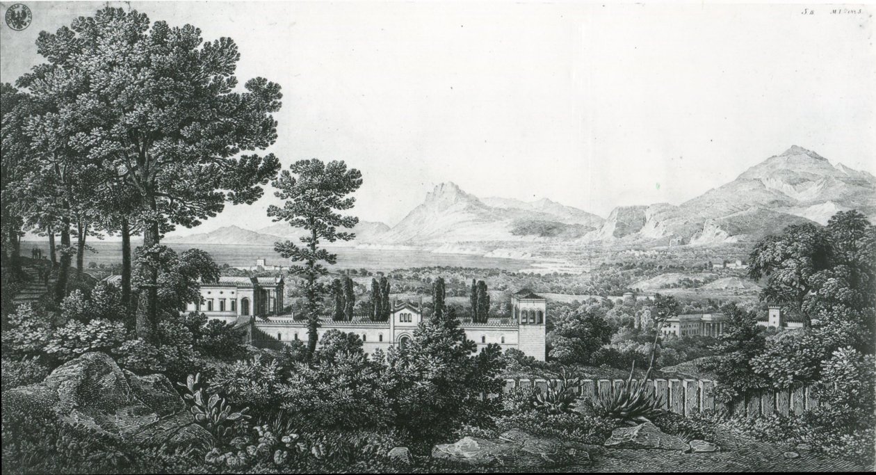 «Utsikt fra prins Valguarneras palass over en del av Bagheria nær Palermo og Cefalù-bukten» av Karl Friedrich Schinkel