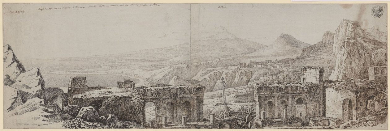 «Utsikt fra det antikke teatret i Taormina over Catanias kyst og Monte Gibello eller Etna» av Karl Friedrich Schinkel