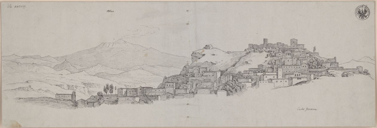 «Utsikt mot Etna fra høyden ved Castro Giovanni» / Utsikt over Enna med Etna i bakgrunnen av Karl Friedrich Schinkel