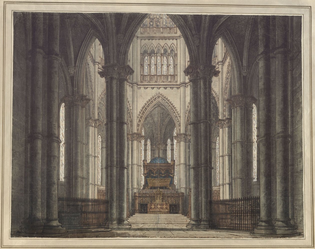 Axel og Walburg. Sørgespill av Adam Oehlenschläger. Utkast til en dekorasjon. Interiør i en gravkirke av Karl Friedrich Schinkel