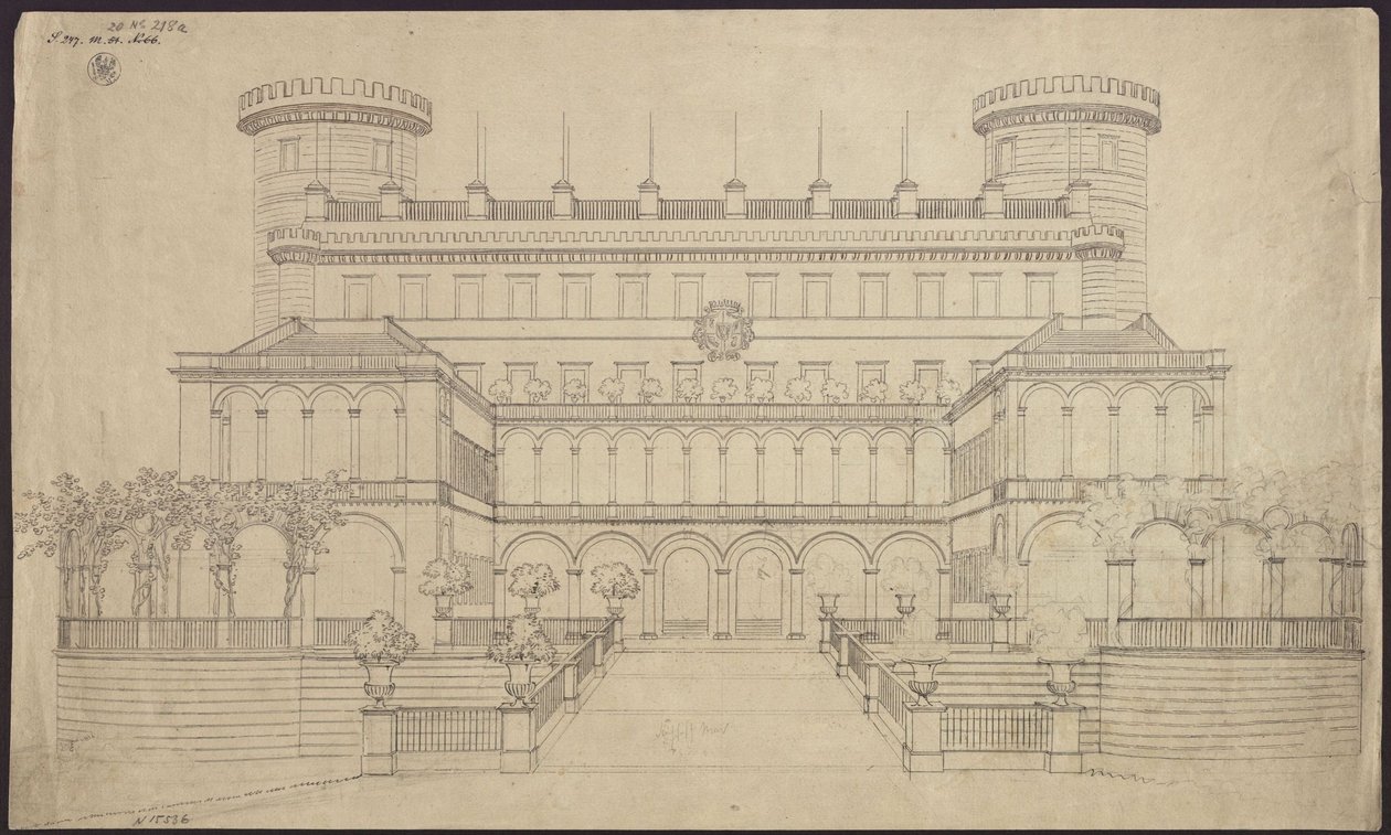 Bad Muskau. Slott. Første ombyggingsforslag. Oppriss av sørsiden av Karl Friedrich Schinkel