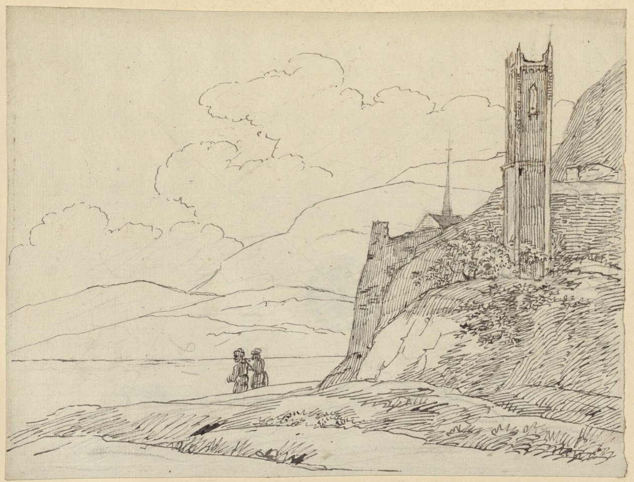 Fjellandskap med tårnruiner og figurer av Karl Friedrich Schinkel