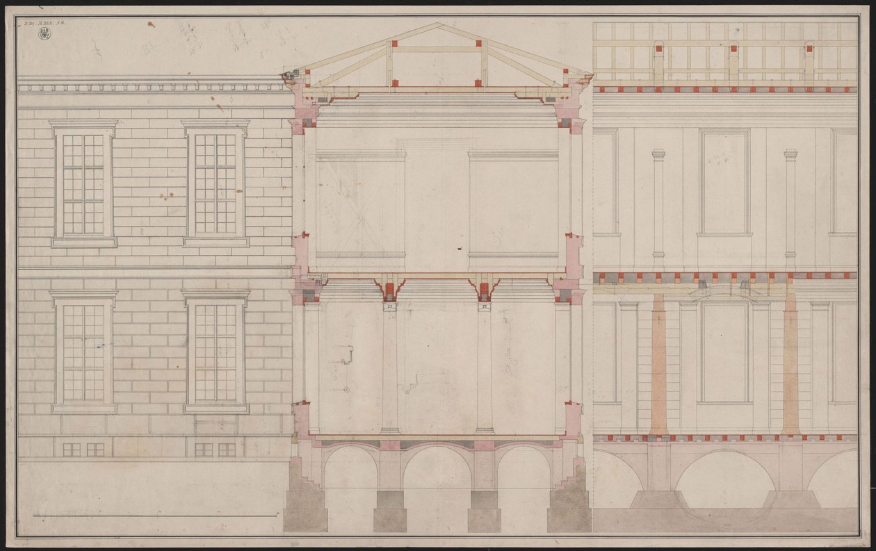 Berlin. Akademibygningen Unter den Linden. Delvis fasadeoppriss, detalj av delvis lengdesnitt og tverrsnitt av Karl Friedrich Schinkel