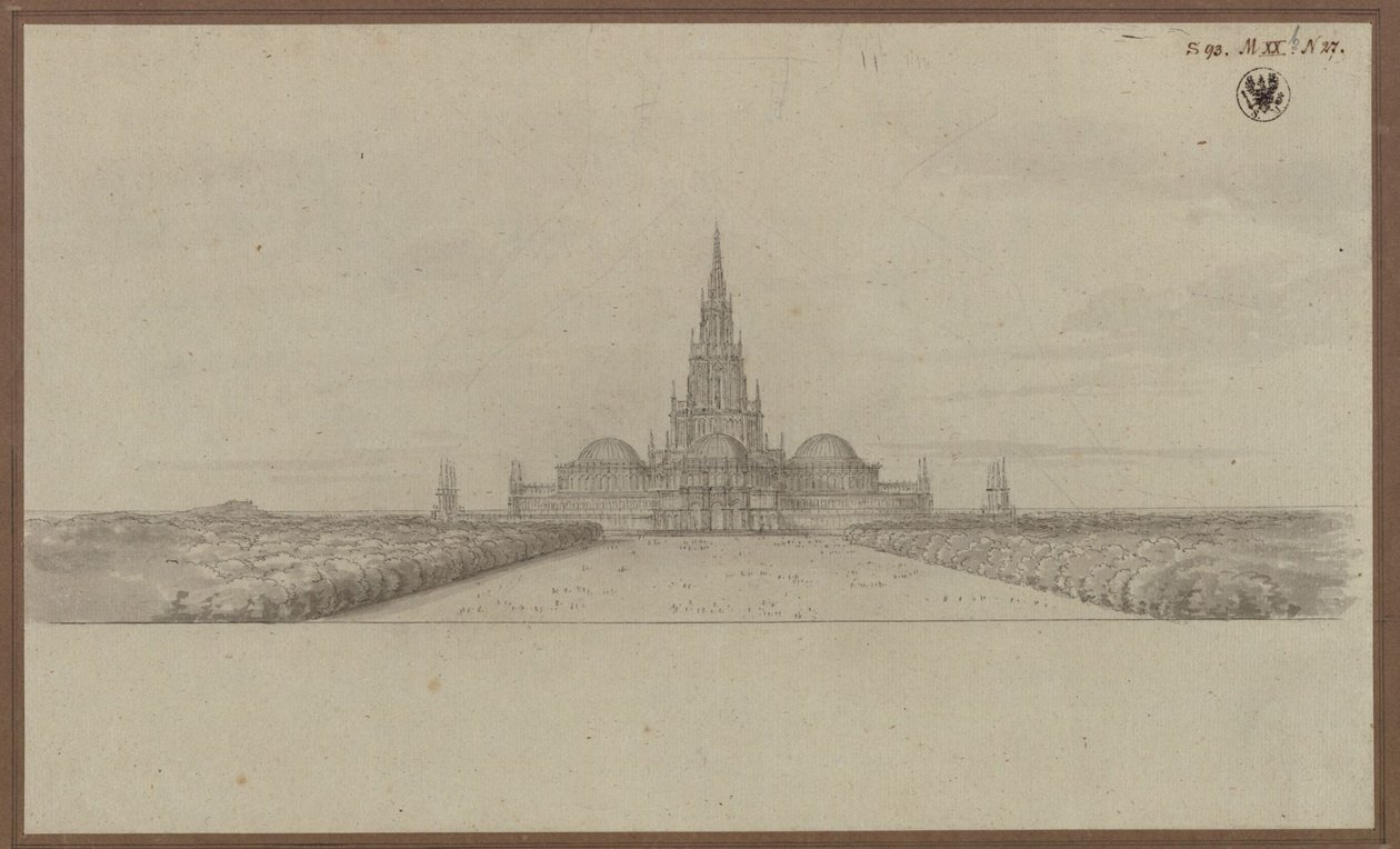 Berlin. Utkast til en katedral som minnesmerke over frigjøringskrigene (Frigjøringskatedralen), med sentraltårn og kupler over tverrskipets armer av Karl Friedrich Schinkel