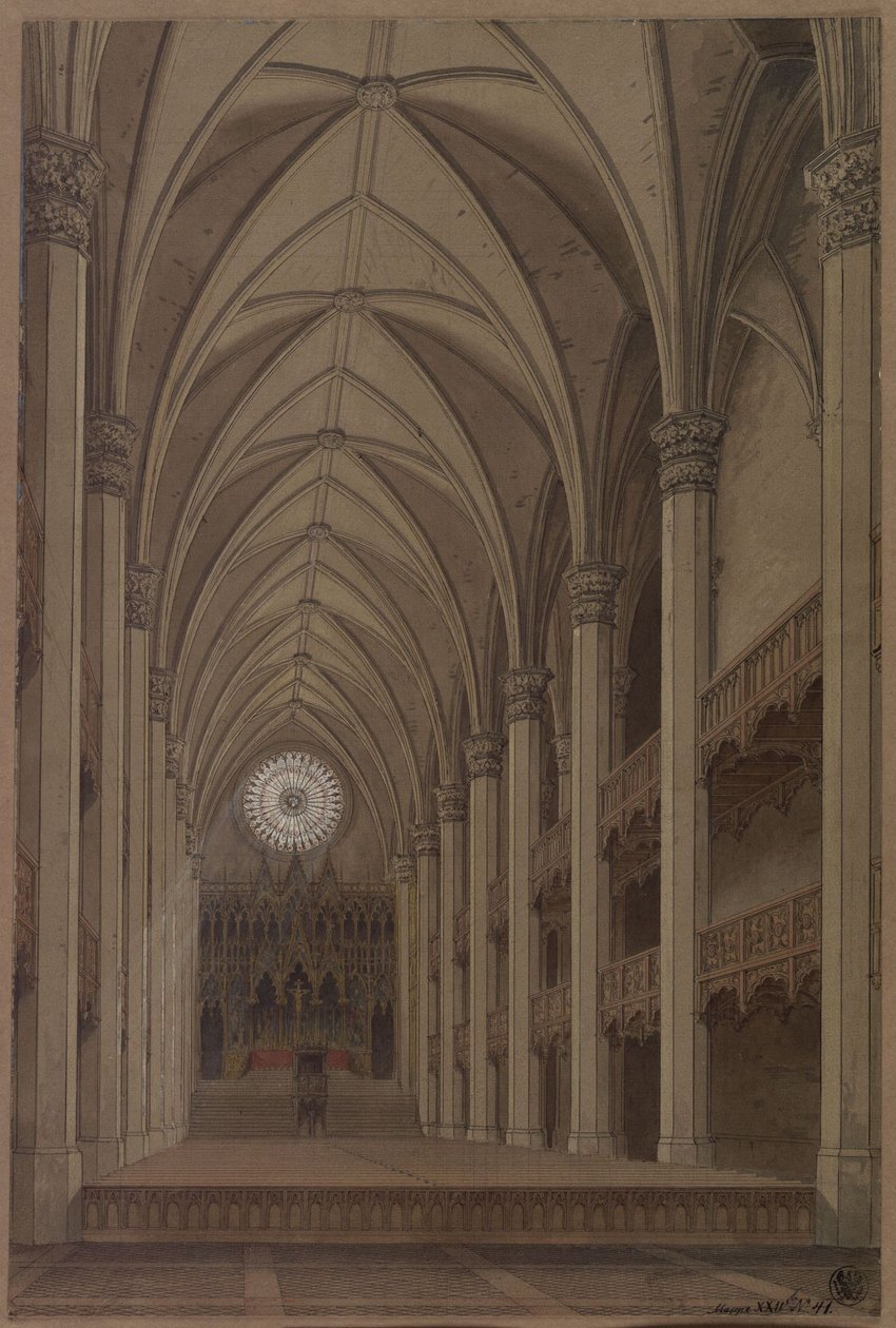 Berlin. St. Peters kirke. Utkast til gjenoppbygging i gotisk stil. Interiør med blikk mot alteret av Karl Friedrich Schinkel