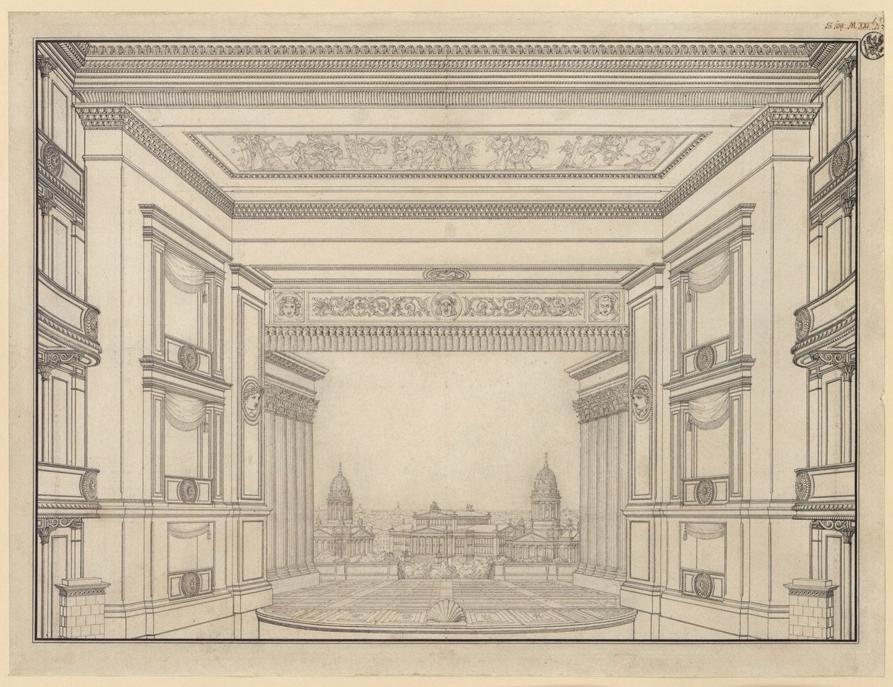 Berlin. Schauspielhaus på Gendarmenmarkt, scene av Karl Friedrich Schinkel