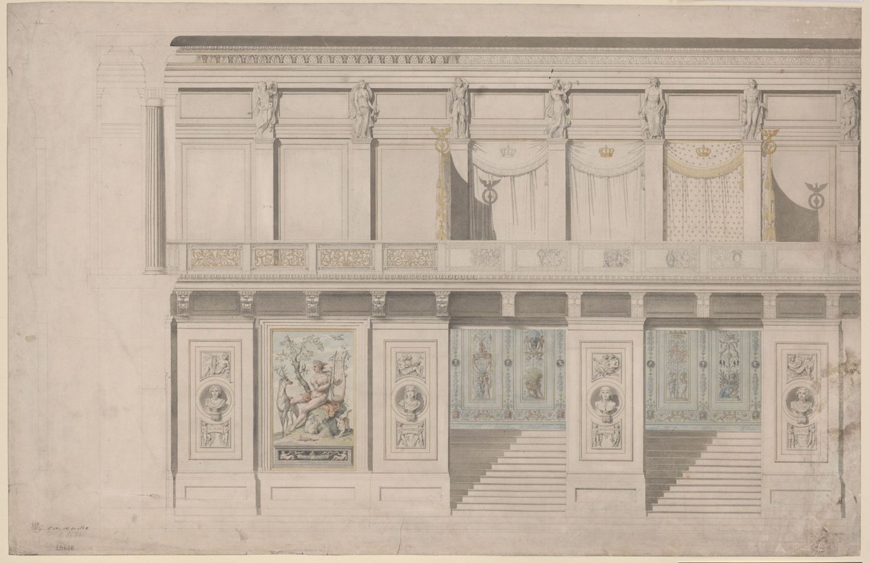 Berlin. Teateret på Gendarmenmarkt, konsertsal. Fasadeoppriss av langveggen av Karl Friedrich Schinkel