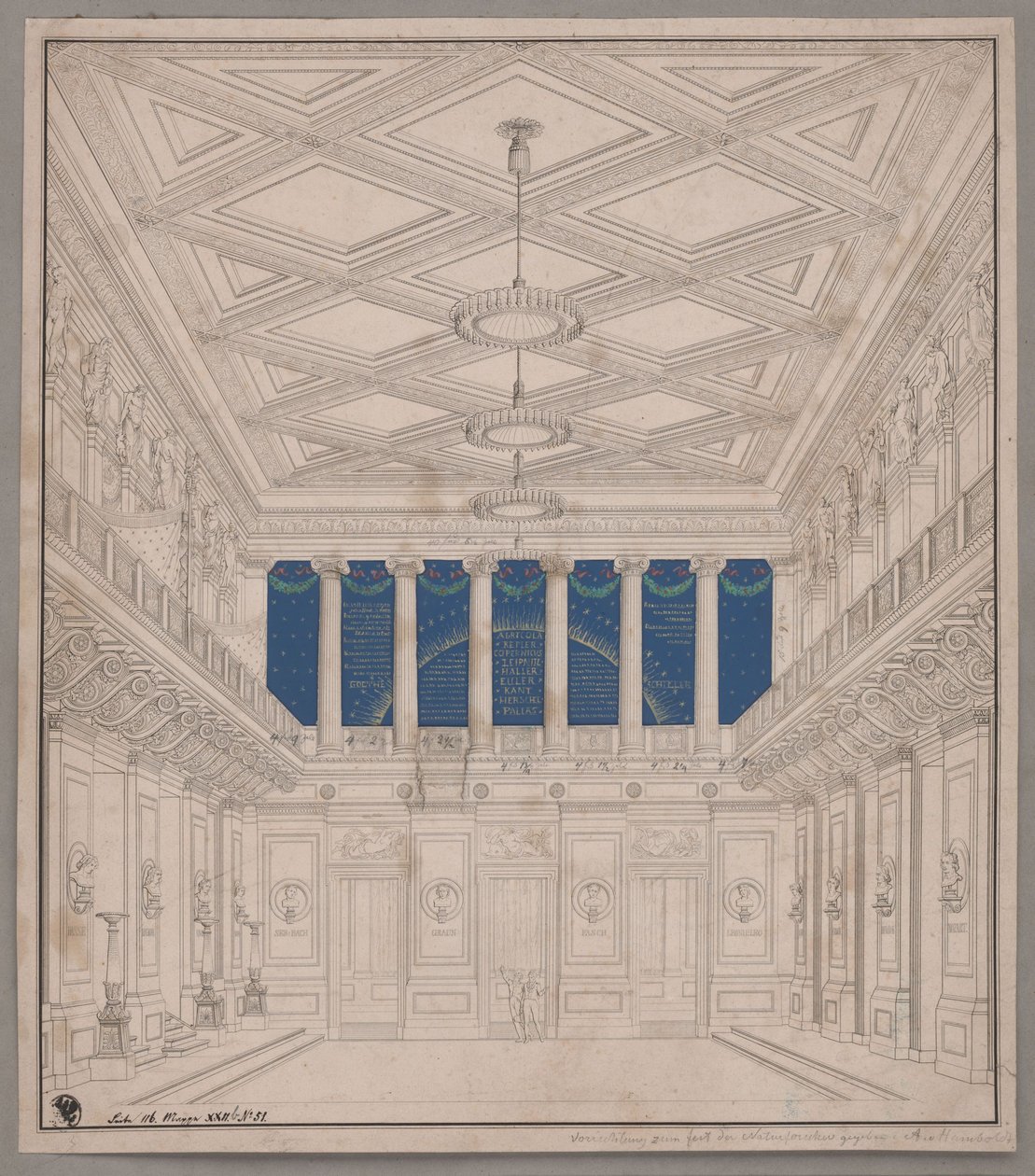 Berlin. Schauspielhaus på Gendarmenmarkt, konsertsal. Dekorasjon til naturforskernes fest av Karl Friedrich Schinkel
