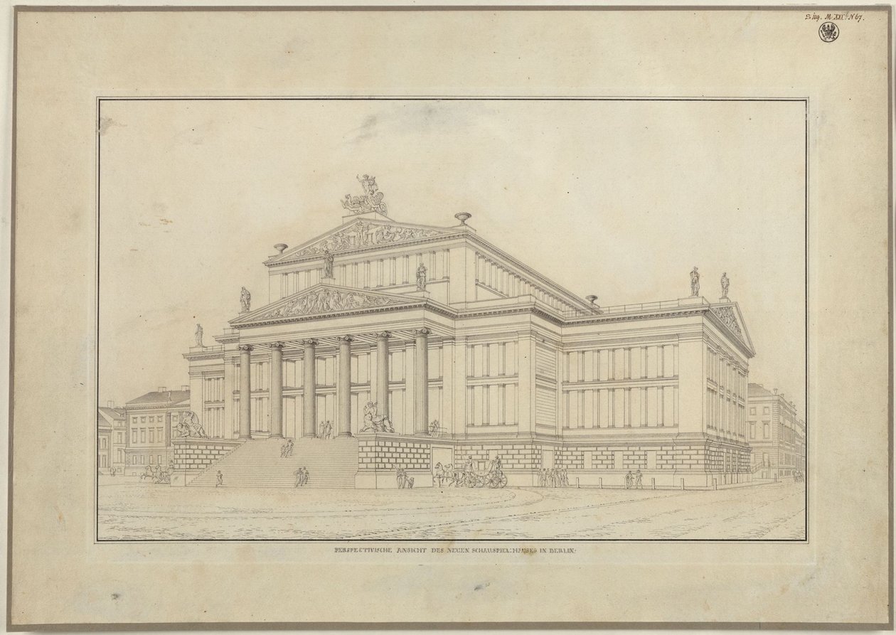 Berlin. Schauspielhaus på Gendarmenmarkt. Perspektivisk visning av forsiden av Karl Friedrich Schinkel