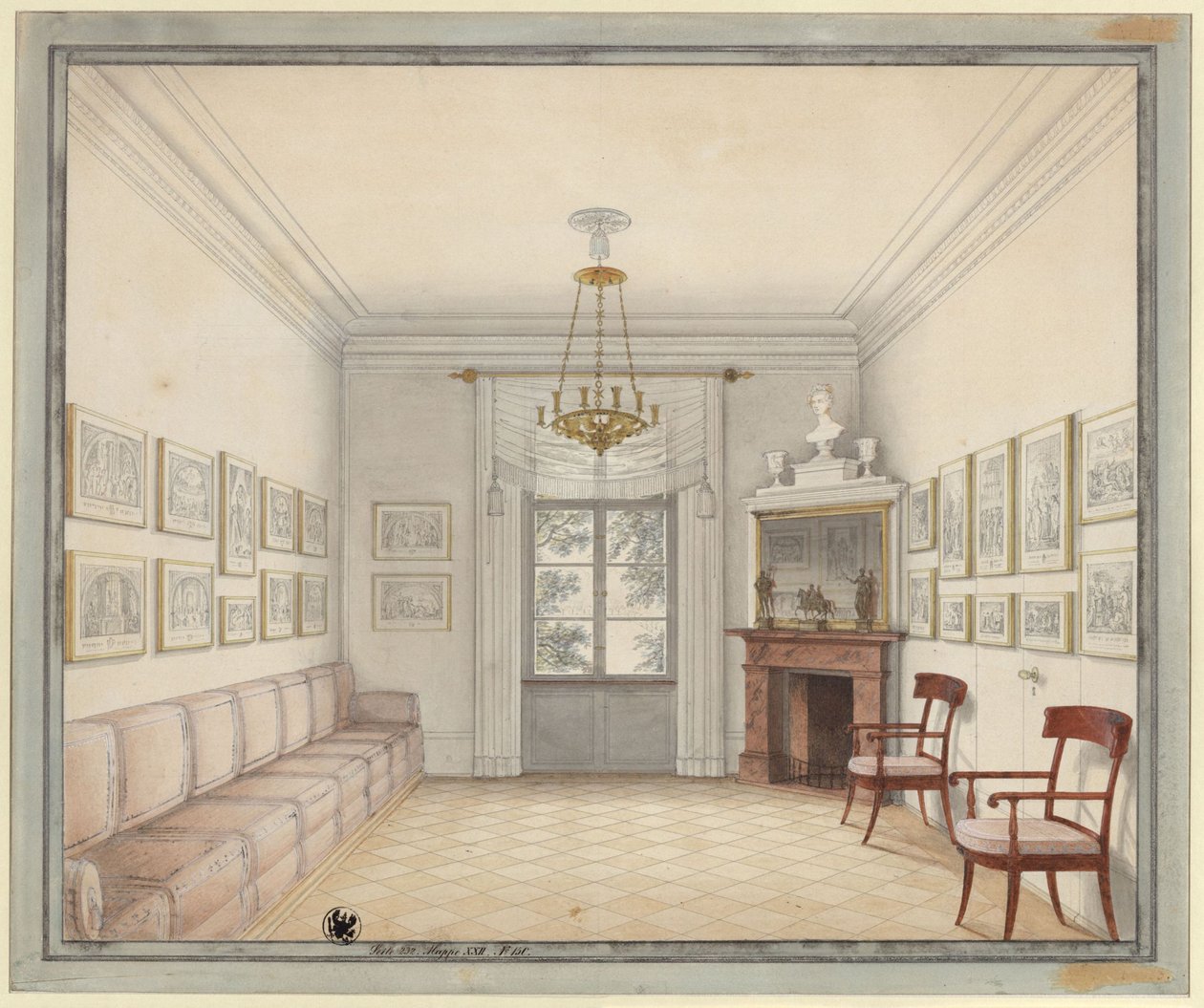 Berlin. Charlottenburg slott, slottsparken, Den nye paviljongen (Schinkel-paviljongen). Utsikt over Det hvite rommet som mønster for utformingen av rommene i overetasjen av Karl Friedrich Schinkel