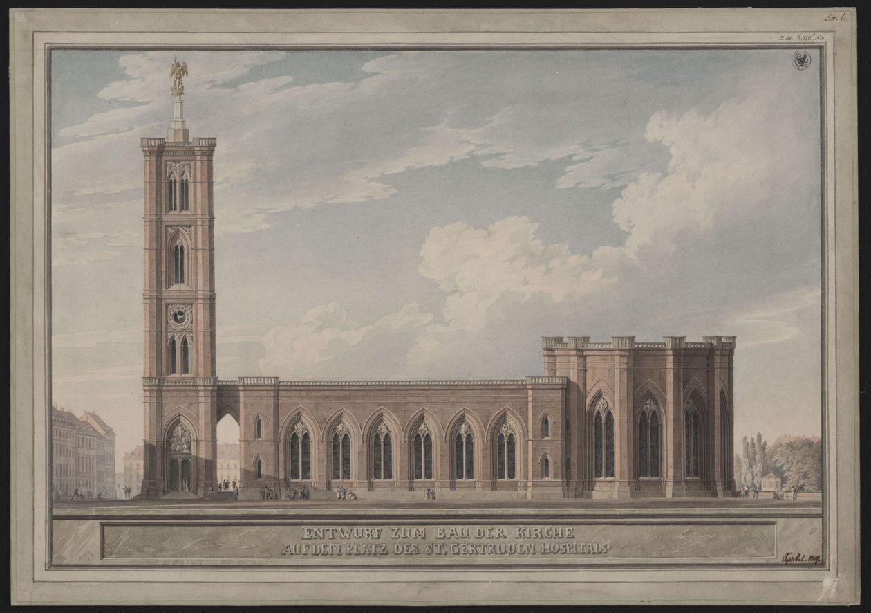 Berlin, Spittelmarkt. Utforming til Sankt Gertruds kirke. Utvendig utsikt av Karl Friedrich Schinkel