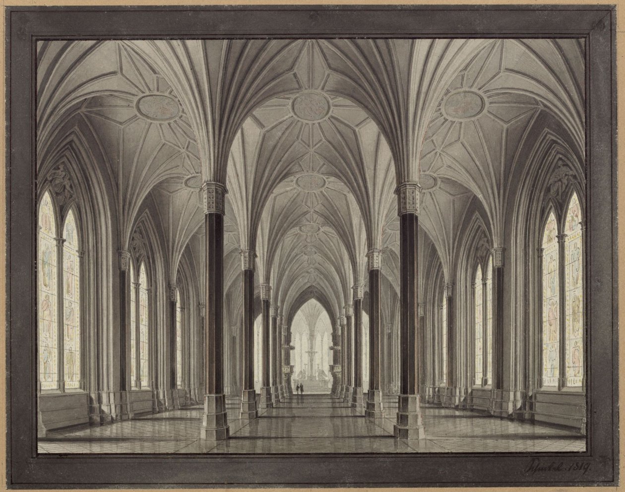 Berlin, Spittelmarkt. Utkast til St. Gertraud-kirken. Interiør, utsyn gjennom skipet mot koret av Karl Friedrich Schinkel