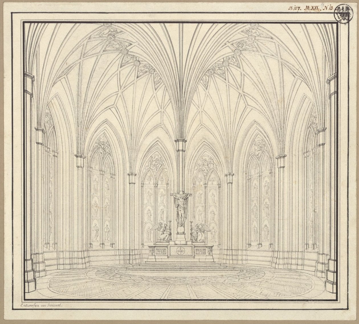 Berlin, Spittelmarkt. Utforming til St. Gertrud kirke. Interiørutsikt over koret av Karl Friedrich Schinkel