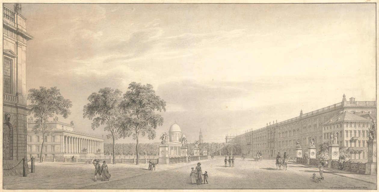 Berlin, Unter den Linden. Utsikt over Lustgarten med Schlossbrücke, Altes Museum, domkirken og slottet av Karl Friedrich Schinkel