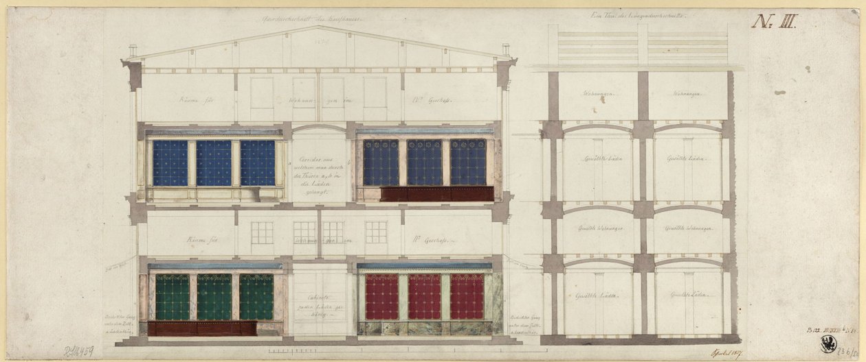 Berlin, Unter den Linden. Utkast til et varehus. To snitt av Karl Friedrich Schinkel