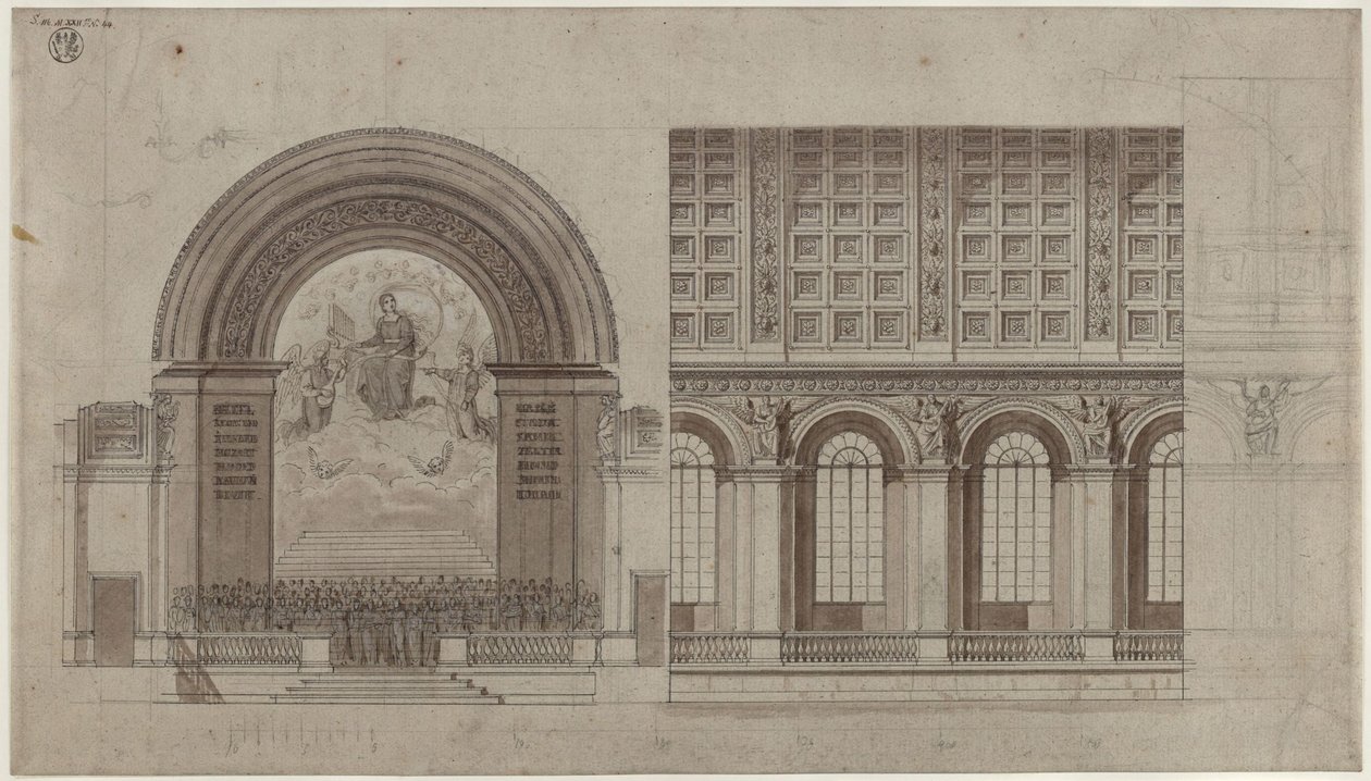 Berlin, Unter den Linden. Utkast til en sal for Sing-Akademie i den bakre fløyen av Kunstakademiet. Tverrsnitt og lengdesnitt av Karl Friedrich Schinkel