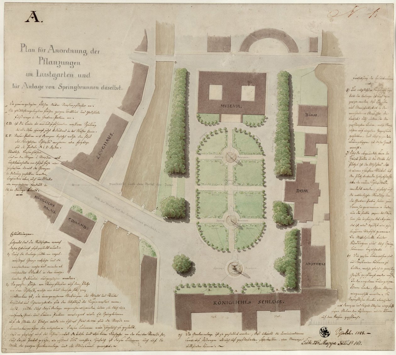 Berlin, Unter den Linden. Utkast til utforming av Lustgarten av Karl Friedrich Schinkel