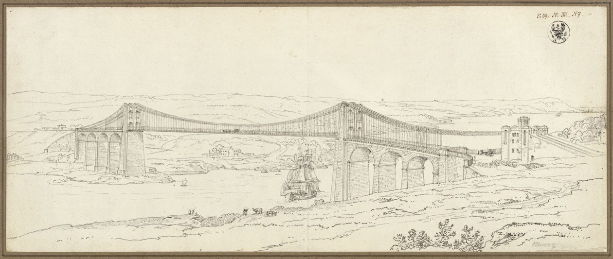 Utsikt over hengebroen over Menai-stredet nær Bangor i Wales av Karl Friedrich Schinkel
