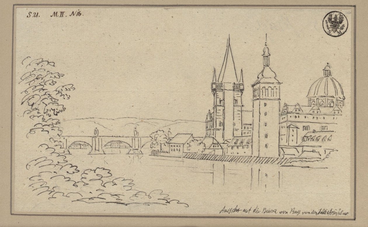 Utsikt over Karlsbroen i Praha med Gamlebyens brotårn og kuppelen på korsherrenes kirke av Karl Friedrich Schinkel